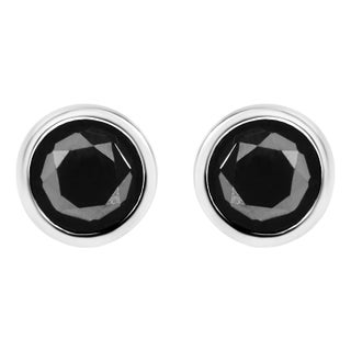 14K White Gold 3.00 Cttw Round Brilliant-Cut Black Diamond Bezel-Set Stud Earrings with Screw Backs (Fancy Color-Enhanced, I2-I3 Clarity) For Sale
