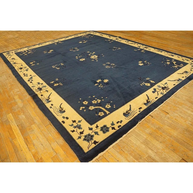 Art Deco 1930s Navy Blue Floral Deco Antique Chinese Peking Knotted Wool 9' X 11'4" Rug For Sale - Image 3 of 10