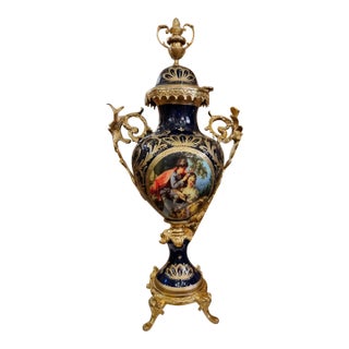 French Porcelain Vase – Blue Romantic Couple With Gold Leaf & Bronze Details For Sale