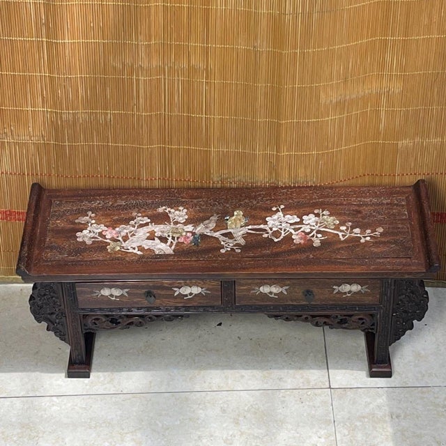 Vintage Chinese Hardwood Mother-of-Pearl Inlaid "Magpie & Plum" Altar Table (Tea Stand) For Sale In Los Angeles - Image 6 of 9