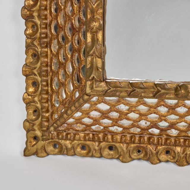 Vintage Spanish Colonial Giltwood Square Mirror W/Fish Scale Mirror Insets For Sale - Image 4 of 8