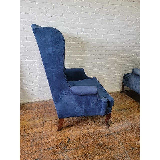 Vintage French Provincial Oversized Blue Velvet Wingback Chairs a