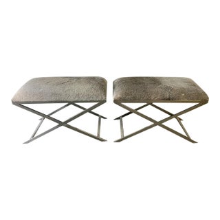 Pair of Grey Cowhide & Chrome Ottomans Footstools Mitchell Gold For Sale