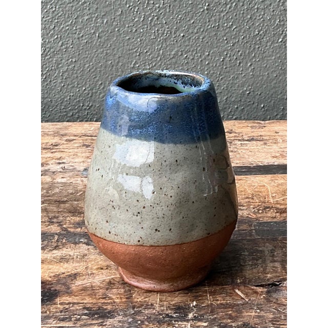 Taupe Vintage Blue and Gray Ceramic Vase For Sale - Image 8 of 12