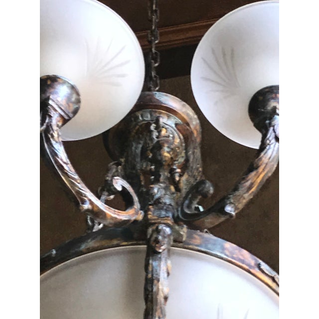 Late 20th Century Neo-Classical Cast Bronze Chandelier With Frosted Crystal Hand-Cut Globes For Sale In Fayetteville, AR - Image 6 of 13