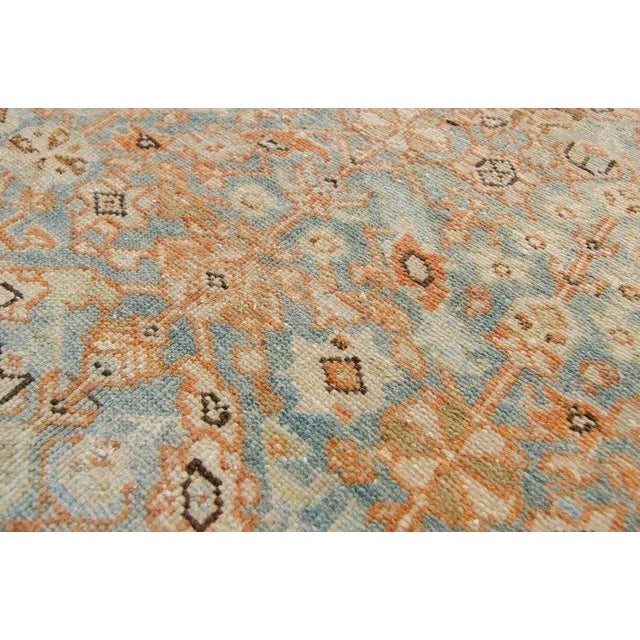 Terra Cotta 1920s Antique All Over Geometric Floral Terra Cotta & Blue Hand Knotted Wool Wide Runner Rug - 6’9” x 14’6” For Sale - Image 8 of 11