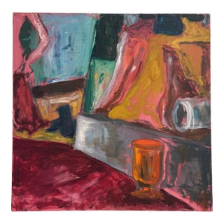 Vintage Monumental Abstract Modern Expressionism Still Life Original Oil Painting, Maroon, Mustard, Blue For Sale