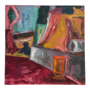 Vintage Monumental Abstract Modern Expressionism Still Life Original Oil Painting, Maroon, Mustard, Blue