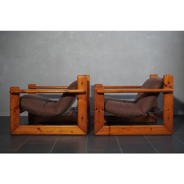 Mid-Century Modern Pine and Fabric Armchairs in the style of Afra and Tobia Scarpa, 1970s, Set of 2 For Sale - Image 3 of 18