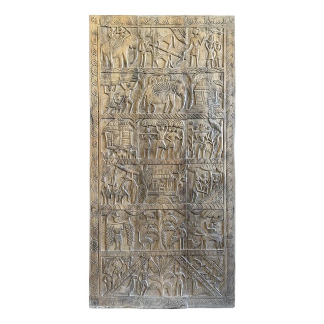 Antique Tribal Indian Hand-Carved Wood Door Panel – Rustic Architectural Wall Art For Sale