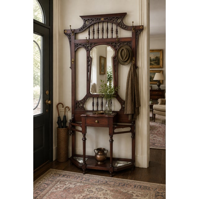 Victorian Antique Victorian Mahogany Hall Tree With Mirror, Drawer & Brass Hooks For Sale - Image 3 of 6