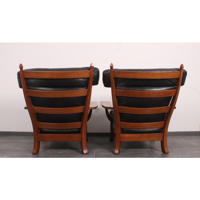 Wood Set of Leather and Oak Ox-Shape Armchairs, 1950s For Sale - Image 7 of 16