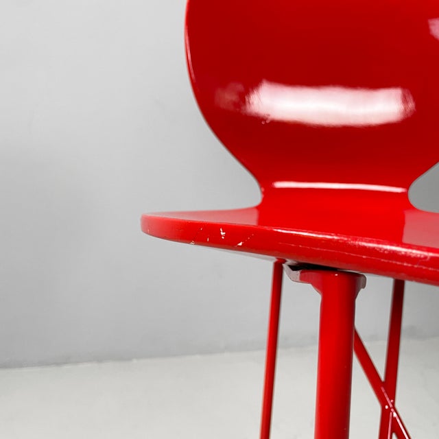 Italian Modern Bar Stools in Wood and Red Metal, 1980s, Set of 3 For Sale - Image 12 of 18