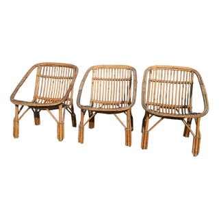 Vintage French Rattan Armchairs, 1960s, Set of 3 For Sale