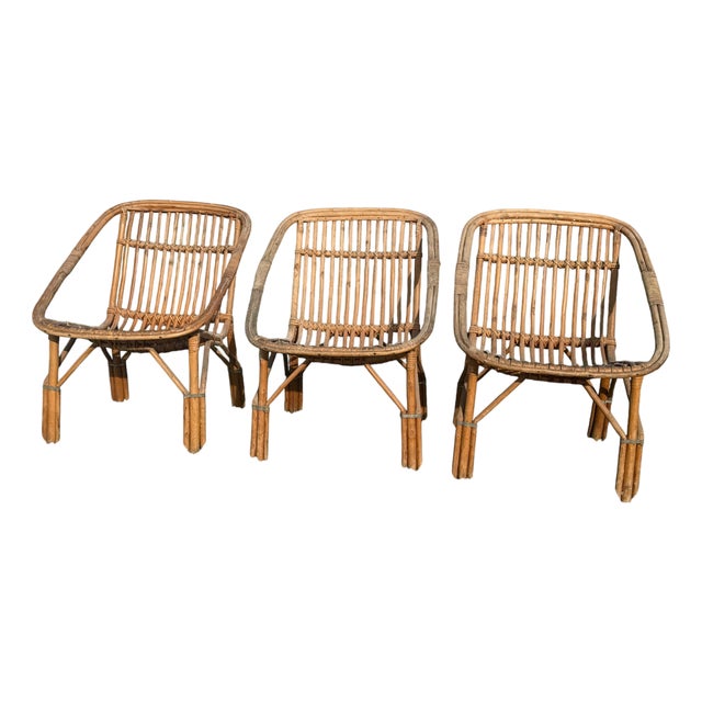 Vintage French Rattan Armchairs, 1960s, Set of 3 For Sale