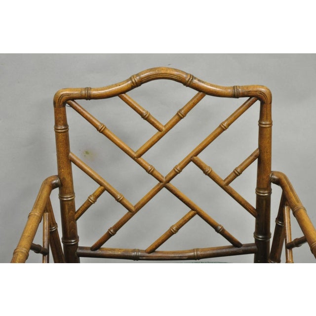 Vintage Chinese Chippendale Faux Bamboo Wood Fretwork Dining Arm Chairs - A Pair For Sale - Image 12 of 14