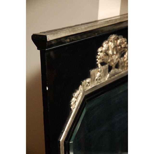French Art Deco Mirror in Black Lacquer With Silver Leaf Relief Carvings For Sale - Image 4 of 6