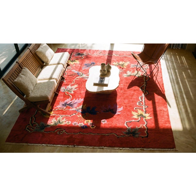 Splendid Red Background With Palmtrees in a Floral Design Antique Chinese Art Deco Rug For Sale - Image 14 of 15