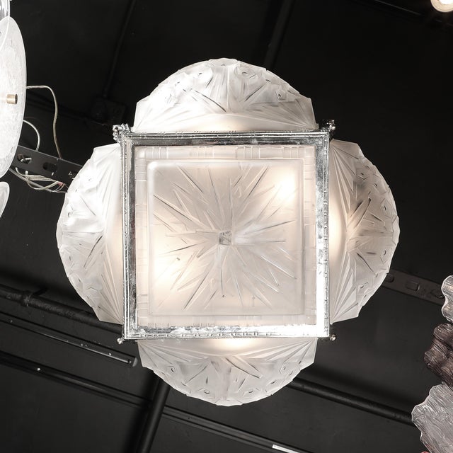 Art Deco Cubist Frosted Glass & Silvered Bronze Chandelier Signed Muller Freres For Sale - Image 17 of 18