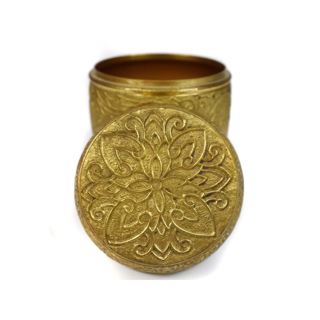 Vintage Mid 20th Century Small Solid Brass Floral Design Lidded Canister Jar Urn For Sale - Image 4 of 7