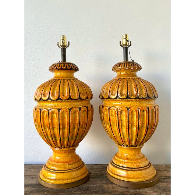 Vintage MCM Monumental Glazed Ceramic Lamps - A Pair For Sale - Image 11 of 12
