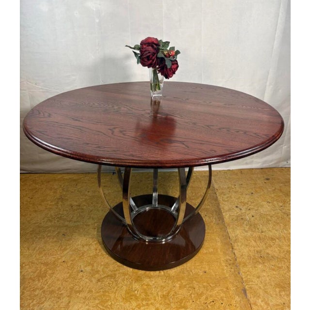 Vintage Art Deco Round Dining Table with Oak Top & Chrome Base, 1990s For Sale - Image 3 of 9