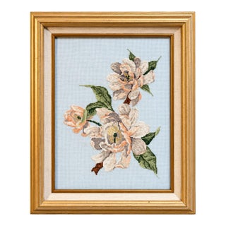 Vintage Framed Floral Needlepoint Wall Art, Gold Frame For Sale