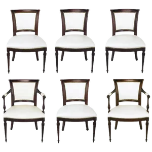 Set of Six 1940s Louis XVI Style Cherry and White Leather Dining Chairs