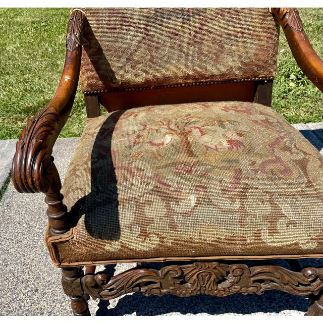 Late 19th Century Victorian Carved Wood Distressed Needlepoint Armchair Tall Back Throne Chair For Sale - Image 12 of 12