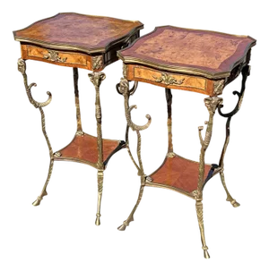 Antique Pair of French Style Petite Side or Accent Tables Inlay Wood With Brass Ram Heads