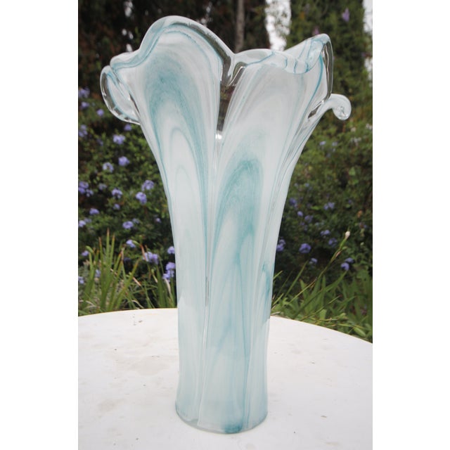 Tall 15.5” Vintage Italian Blown Glass Fazzoletto Lily Vase – Aqua Alabastro Swirl For Sale - Image 11 of 14