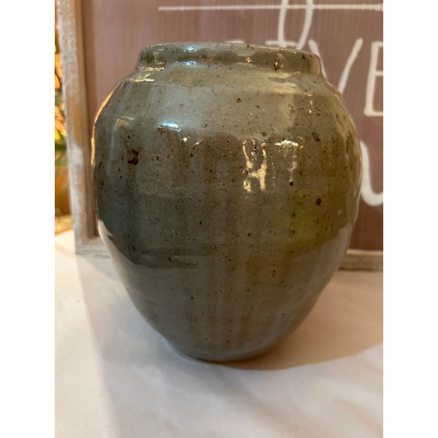 1980s 1980s Vintage Rustic Weathered Look Green Glazed Pottery Vase For Sale - Image 5 of 6