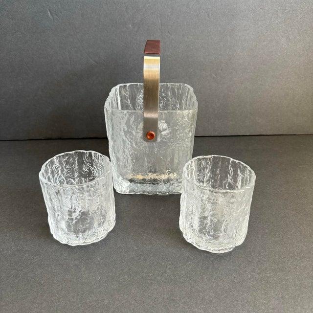 Mid Century Hoya Ice Bucket & Rocks Glasses MCM Frosted Glass Ice Cube Barware Set of 3 For Sale - Image 4 of 12
