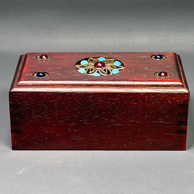 Rosewood Box With Turquoise & Gem Inlay - Chinese Jewelry Storage Chest For Sale - Image 9 of 9