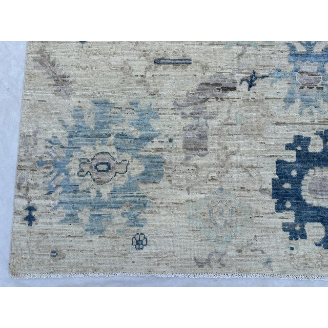 Handmade Oushak Style Blue and Ivory Floral Rug For Sale - Image 6 of 6