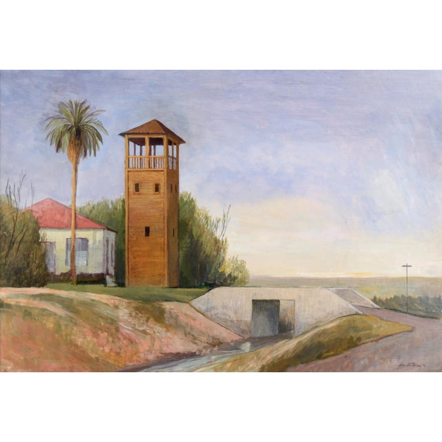 Idyllic farm landscape with a palm tree by an unknown artist (American, 20th Century). There is a tower that is the main...
