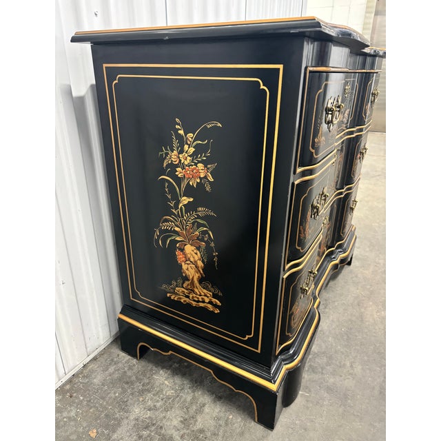 Wood Chippendale Habersham Chinoiserie Decorated Ebonaized Block Front Chest 20th C For Sale - Image 7 of 8