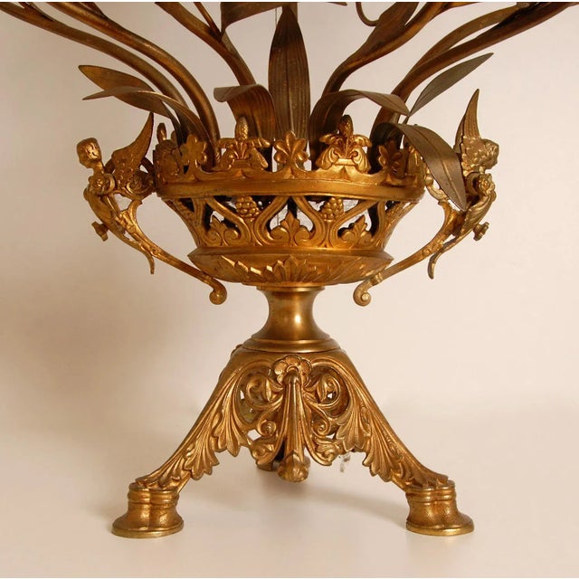 Gold Antique French Candelabra Gold Bronze Brass Church Candelabra Opaline Glass Flowers For Sale - Image 8 of 11