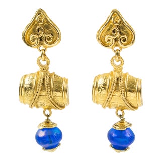 Mercedes Robirosa Dangle Gilt Metal Blue Resin Clip Earrings For Sale