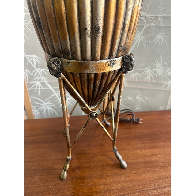 Vintage Brass Colored, Urn Style Footed Table Lamp With Greek Key and Ram Head Details For Sale - Image 4 of 6