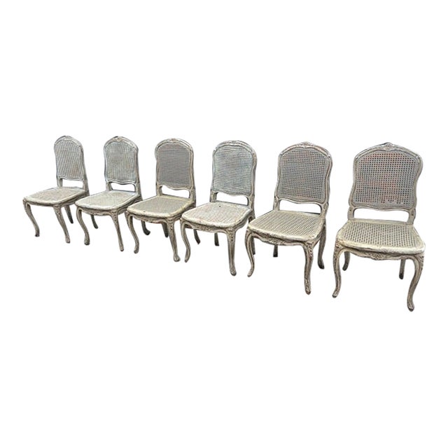 Set of 6 Antique French Louis XVI Painted Cane Dining Chairs With Cushions For Sale