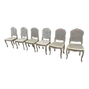 Set of 6 Antique French Louis XVI Painted Cane Dining Chairs With Cushions