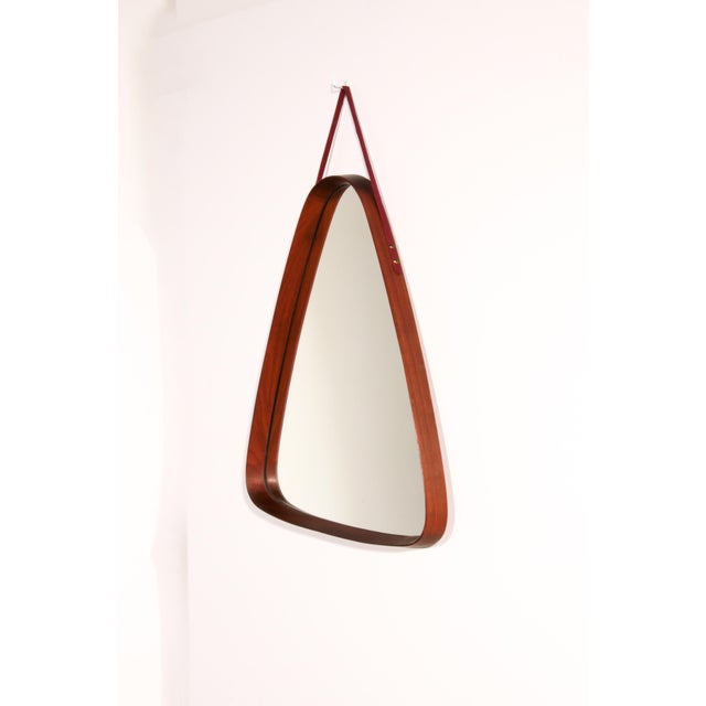 Mid-Century Italian Triangular Mirror in Curved Teak and Leather, 1960s For Sale - Image 6 of 6