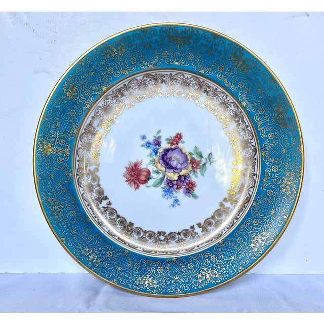 Rosenthal Vintage 1930s Rosenthal Germany Turquoise & Gold Encrusted Porcelain Dinner Plate For Sale - Image 4 of 7