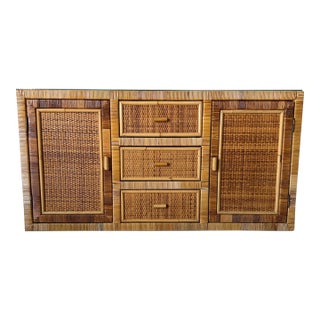 Vintage Coastal Woven Rattan Wrapped Cabinet With Wood Trim & Glass For Sale