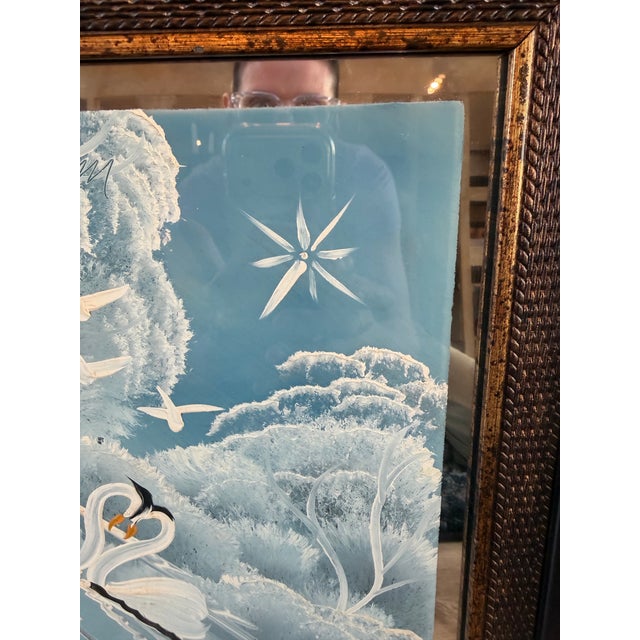 2000 - 2009 Signed Tim Dunham 2001 Fantasy Reverse Glass Painting-Mating Swans For Sale - Image 5 of 7