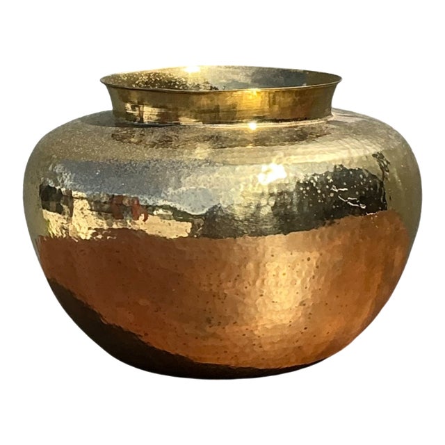 Vintage Hammered Brass Vase For Sale