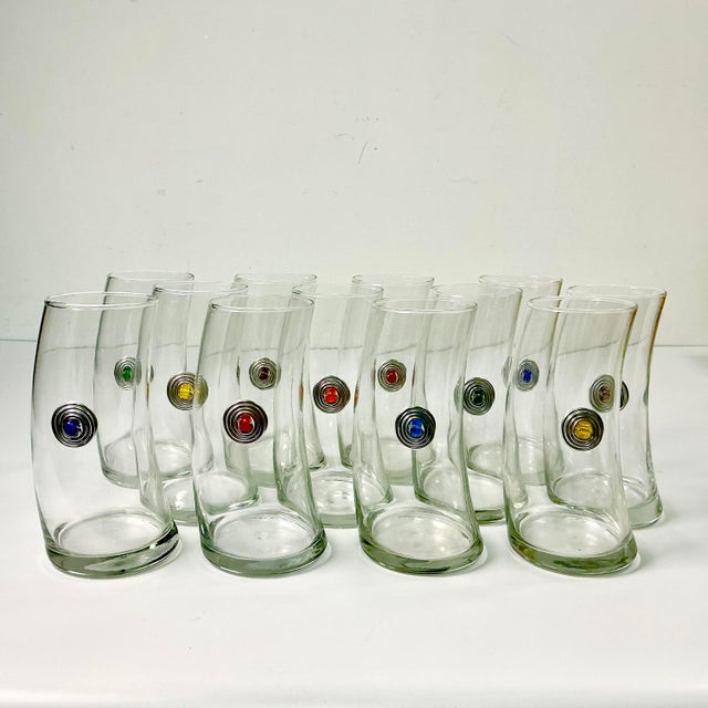 1980s 1980s Vintage Memphis Postmodern Bent Glass Sterling Medallion Tall Boy Tumblers - Set of 12 For Sale - Image 5 of 15