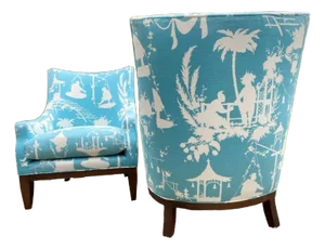 A Pair of Custom Curved Chinoiserie Style Wingback Chairs