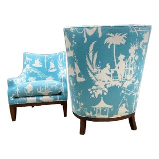 Curved Wingback Chairs in Lee Jofa, a Pair For Sale